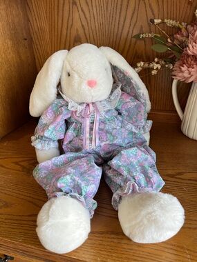 Vintage 1988 Plush Bunny in Pink & Green Floral Outfit - Soft Stuffed Animal 24”